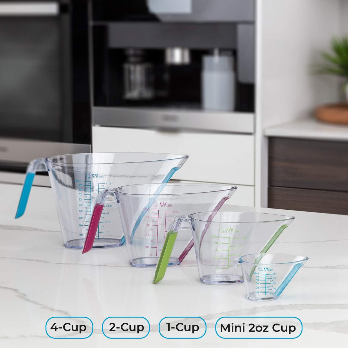 Liquid Measuring Cups with Spouts, 4-Piece Angled Plastic Set, 1 to 4 Cups