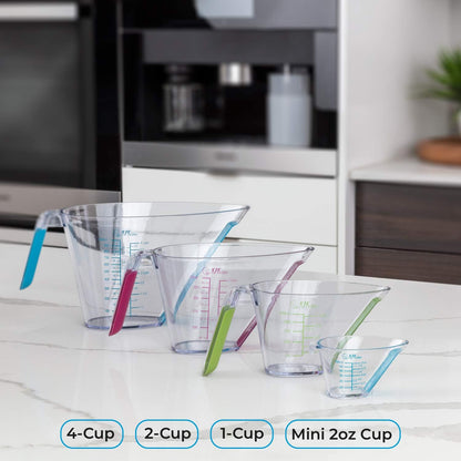 Liquid Measuring Cups with Spouts, 4-Piece Angled Plastic Set, 1 to 4 Cups