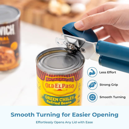 Can Opener, Manual Stainless Steel Can Opener with Premium Zinc Alloy Construction, Large Turning Knob, Magnetic Lid Lifter and Ergonomic TPE Non-Slip Grip Handles, Blue