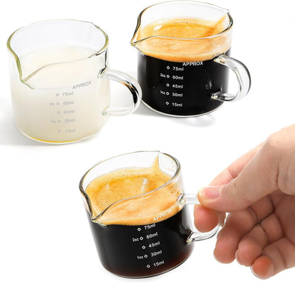 4 Pack Measuring Cups Espresso Shot Glasses, Double Spouts Espresso Cup Glass Graduated 75 ML/ 2.5 OZ for Milk Pitcher, Coffee Maker Accessories