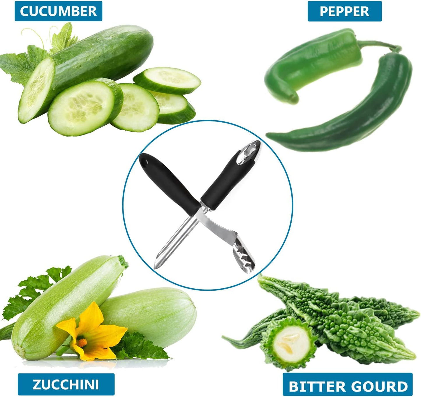 Jalapeno Pepper Corer, Set of 2, Stainless Steel Zucchini Cucumber Corer with Serrated Slice and Rubber Handle, Core Deseeder for Jalapenos, Chilis, Bell Peppers