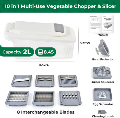 Vegetable Chopper Mandoline Slicer, 6 Blade Chopper, 10-in-1 Gray | Onion Potato Dicer, Veggie Cutter for Salad, Carrot, Cucumber Home Kitchen Gadgets Accessories Essentials(Grayish White)