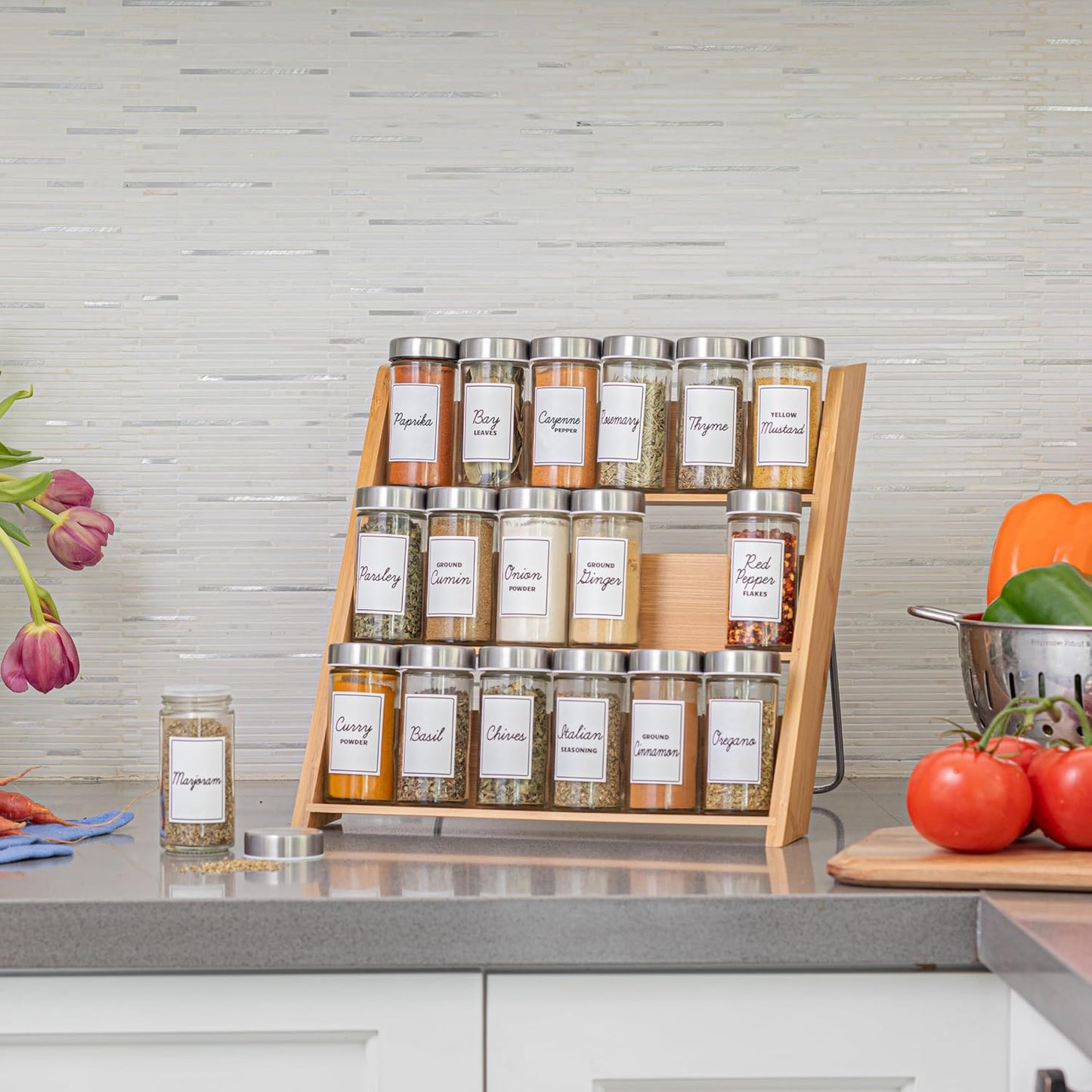 18 Jar Bamboo Compact Spice Rack with Spices Included & 5-Year Free Spice Refill Program for Countertop or Kitchen Drawer with Glass Jars