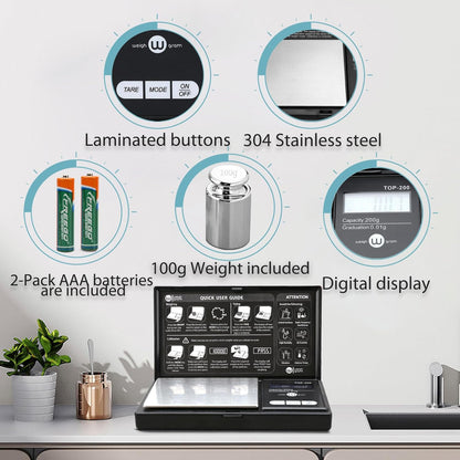 200g Digital Pocket Gram Scale 0.01g Accuracy, 200g x 0.01g Mini Digital Grams Scale, Small Food Scale, Jewelry Scale, Ounces Grains Scale With100g Calibration Weight