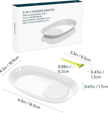 3 in 1 Porcelain Ginger Grater Tool Spoon Rest Herb Stripper, 6.5 x 4.3 inches for Kitchen, Japanese Ceramic Garlic Grinding Wasabi Grater Plate Dish for Daikon Radish & Parmesan Cheese
