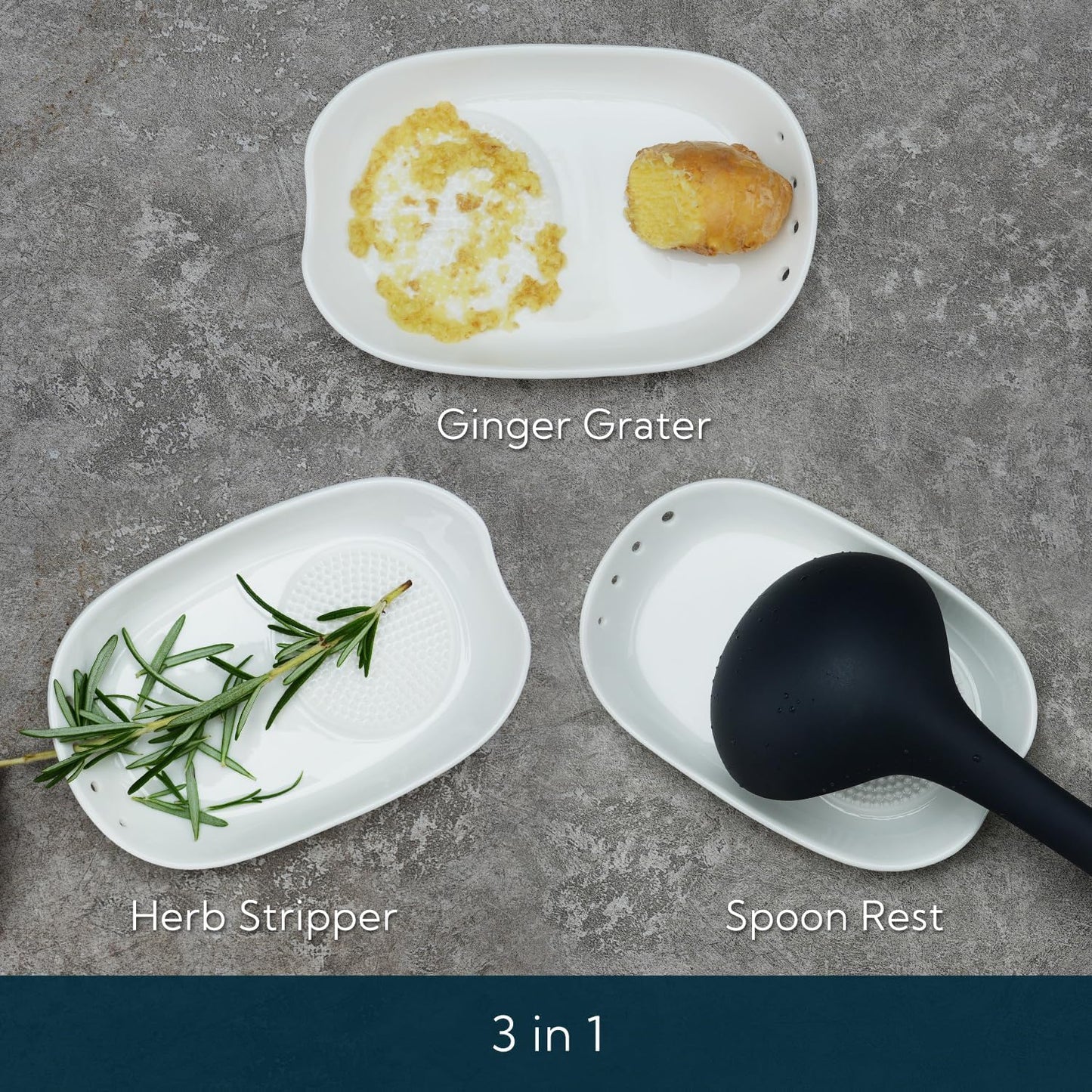 3 in 1 Porcelain Ginger Grater Tool Spoon Rest Herb Stripper, 6.5 x 4.3 inches for Kitchen, Japanese Ceramic Garlic Grinding Wasabi Grater Plate Dish for Daikon Radish & Parmesan Cheese