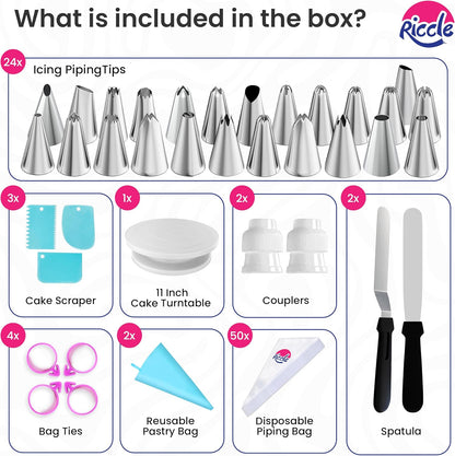 88 pcs Cake Decorating Kit with Cake Turntable - Includes 50 Disposable + 2 Reusable Piping Bags and Tips Set, 24 Icing Piping Tips, 2 Spatulas, 3 Icing Comb Scraper, Baking Supplies