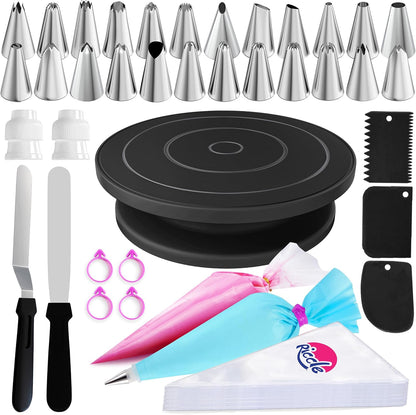 88 pcs Cake Decorating Kit with Cake Turntable - Includes 50 Disposable + 2 Reusable Piping Bags and Tips Set, 24 Icing Piping Tips, 2 Spatulas, 3 Icing Comb Scraper, Baking Supplies