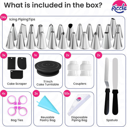88 pcs Cake Decorating Kit with Cake Turntable - Includes 50 Disposable + 2 Reusable Piping Bags and Tips Set, 24 Icing Piping Tips, 2 Spatulas, 3 Icing Comb Scraper, Baking Supplies