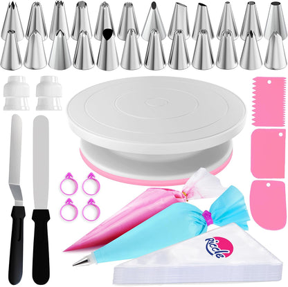88 pcs Cake Decorating Kit with Cake Turntable - Includes 50 Disposable + 2 Reusable Piping Bags and Tips Set, 24 Icing Piping Tips, 2 Spatulas, 3 Icing Comb Scraper, Baking Supplies