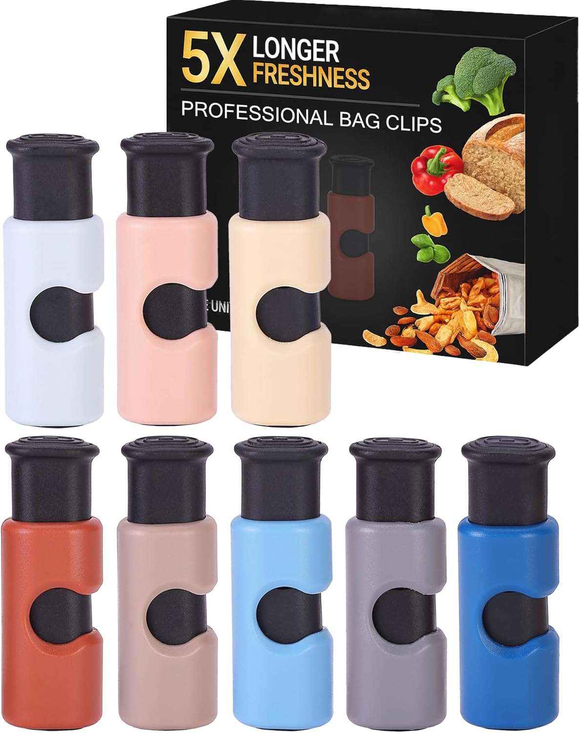 Squeeze and Lock Bread Bag Clips, 2.4 Inch, 8 Pack | Multicolor Squeeze Lock Clips, Reusable Bag Closures for Bread, Snacks, Coffee, Food Storage, Fits Thick and Thin Bags
