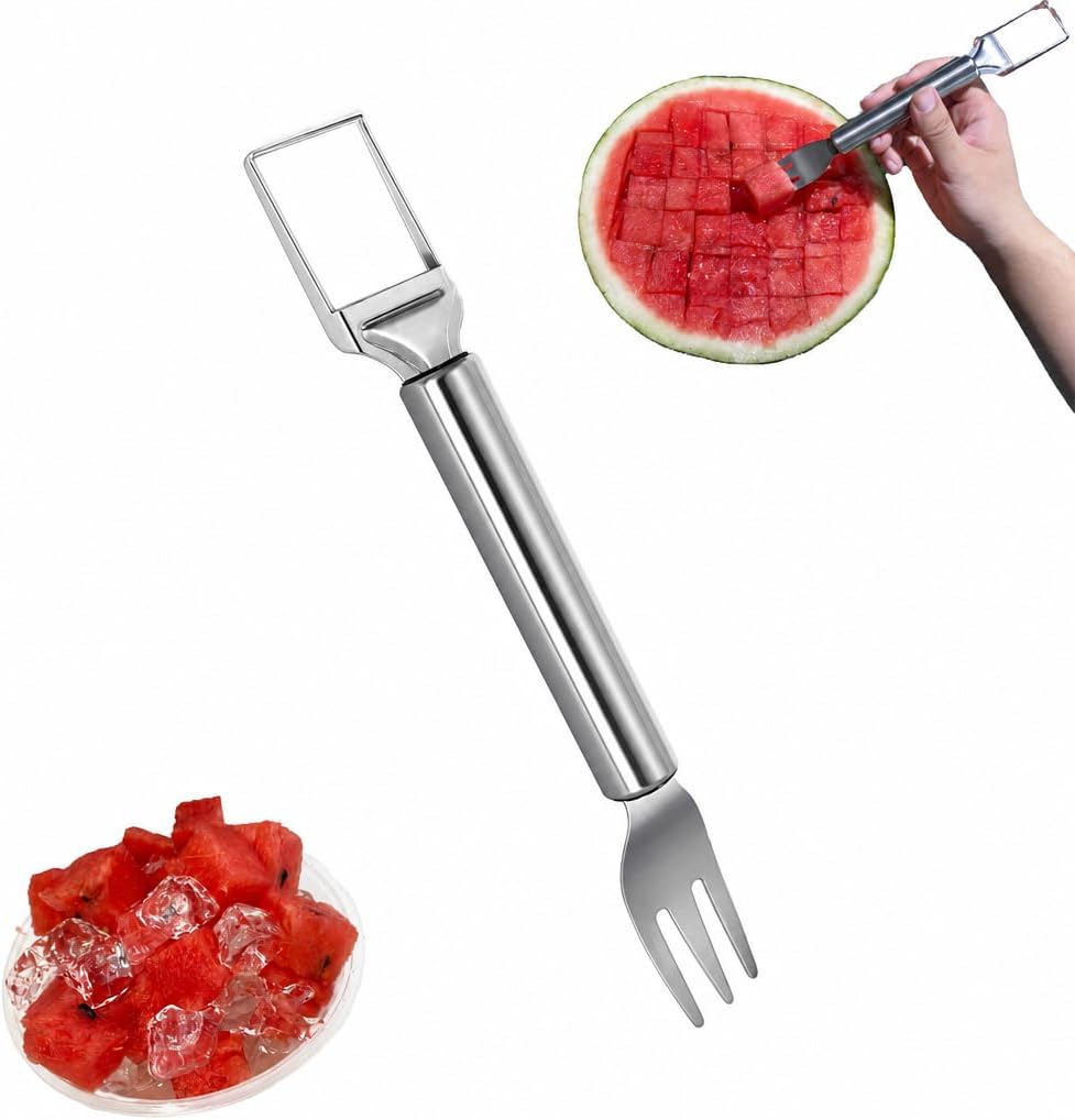 2-in-1 Stainless Steel Watermelon Fork Slicer, Portable Fruit Cutter for Quick Melon Cubes, Summer Kitchen Gadget for Picnic, Camping and Parties, Silver (1 Pack)