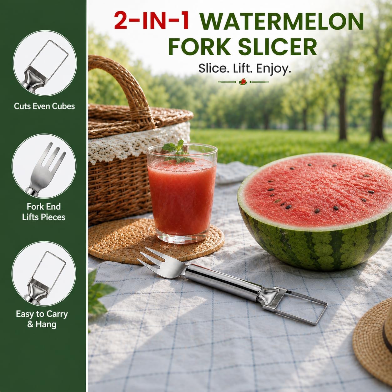 2-in-1 Stainless Steel Watermelon Fork Slicer, Portable Fruit Cutter for Quick Melon Cubes, Summer Kitchen Gadget for Picnic, Camping and Parties, Silver (1 Pack)