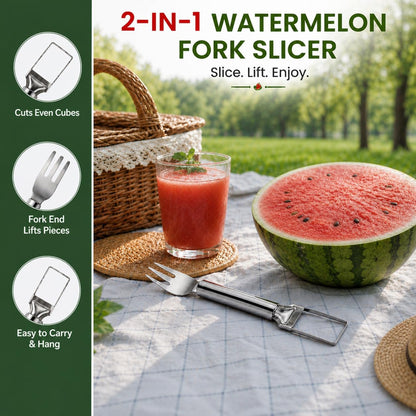 2-in-1 Stainless Steel Watermelon Fork Slicer, Portable Fruit Cutter for Quick Melon Cubes, Summer Kitchen Gadget for Picnic, Camping and Parties, Silver (1 Pack)