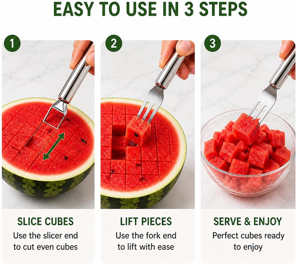 2-in-1 Stainless Steel Watermelon Fork Slicer, Portable Fruit Cutter for Quick Melon Cubes, Summer Kitchen Gadget for Picnic, Camping and Parties, Silver (1 Pack)