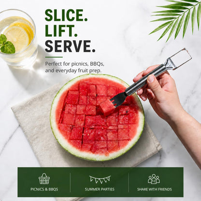 2-in-1 Stainless Steel Watermelon Fork Slicer, Portable Fruit Cutter for Quick Melon Cubes, Summer Kitchen Gadget for Picnic, Camping and Parties, Silver (1 Pack)