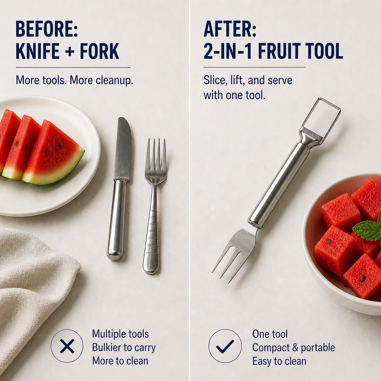 2-in-1 Stainless Steel Watermelon Fork Slicer, Portable Fruit Cutter for Quick Melon Cubes, Summer Kitchen Gadget for Picnic, Camping and Parties, Silver (1 Pack)