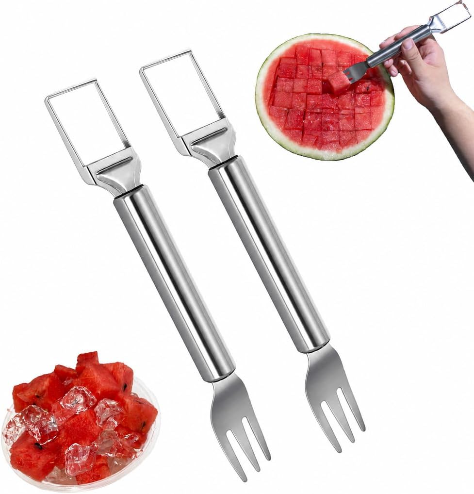 2-in-1 Stainless Steel Watermelon Fork Slicer, Portable Fruit Cutter for Quick Melon Cubes, Summer Kitchen Gadget for Picnic, Camping and Parties, Silver (1 Pack)