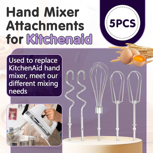 5 PCS Hand Mixer Attachments, Professional Hand Mixer Replacement Beaters, Whisk and Dough Hooks, Replacement Beaters Hand Mixer Compatible with KHM3 KHM5 KHM7 KHM9