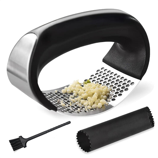 Innovative Rocking Garlic Press Set–Premium Stainless Steel Garlic Crusher with Ergonomic Handle,Includes Garlic Peeler&Cleaning Brush,Easy to Clean,Effortless Mincing Tool for Kitchen