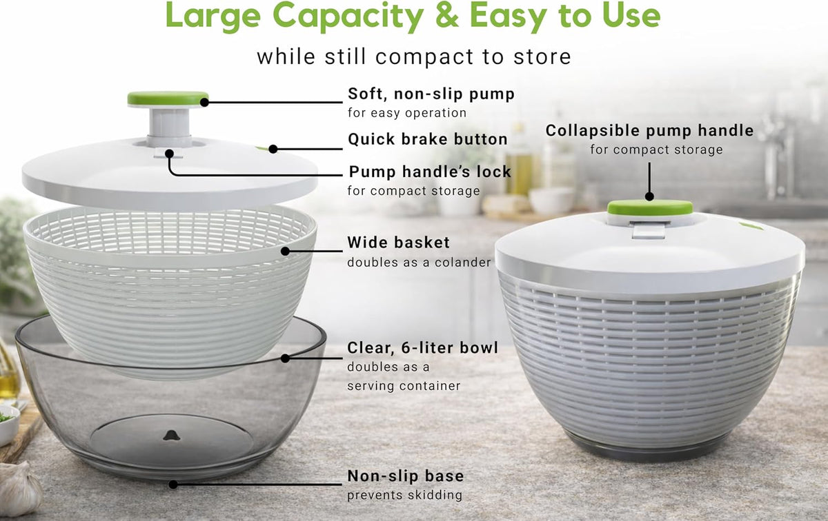 Large 6.2-Quart Collapsible Salad Spinner: Manual One-Handed Pump Vegetable Washer Dryer Drainer Strainer, BPA-Free Bowl, Basket Colander & Lid, Compact Storage, for Greens Herbs Fruits