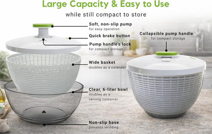 Large 6.2-Quart Collapsible Salad Spinner: Manual One-Handed Pump Vegetable Washer Dryer Drainer Strainer, BPA-Free Bowl, Basket Colander & Lid, Compact Storage, for Greens Herbs Fruits