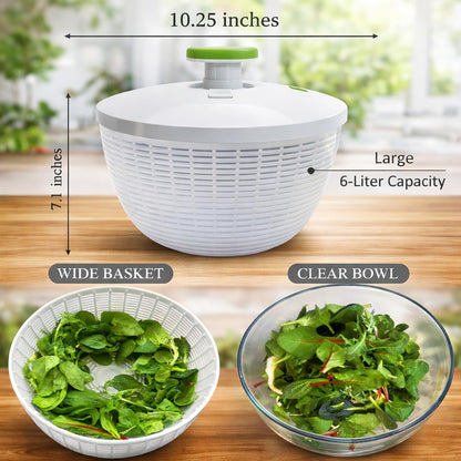 Large 6.2-Quart Collapsible Salad Spinner: Manual One-Handed Pump Vegetable Washer Dryer Drainer Strainer, BPA-Free Bowl, Basket Colander & Lid, Compact Storage, for Greens Herbs Fruits