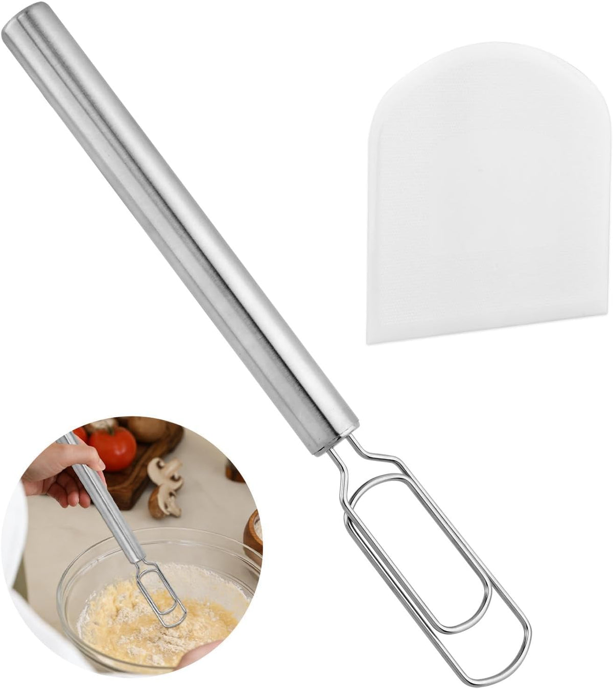 Danish Dough Whisk with 1 Scraper, 12" Stainless Steel Sourdough Mixer Tool for Sourdough Starter, Bread Whisk Tool for Pizza Bread Cake Mixing & Cooking(COLOR:Silver, white)