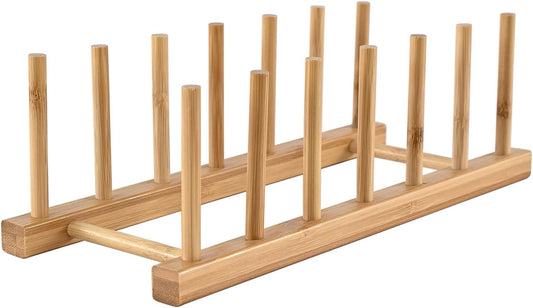 Bamboo Wooden Dish Rack, Vertical Plate & Lid Organizer for Kitchen Cabinet or Countertop, Drying Stand for Dishes, Cutting Boards