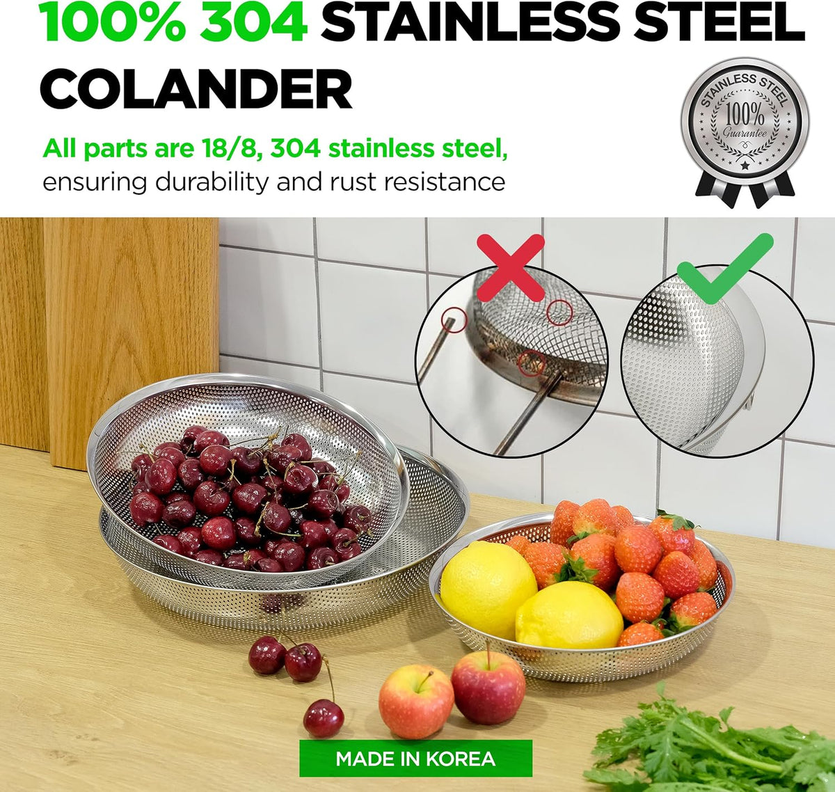Shallow Stainless Steel Colander Set of 3, 2/3/4 Qt, Berry Tray