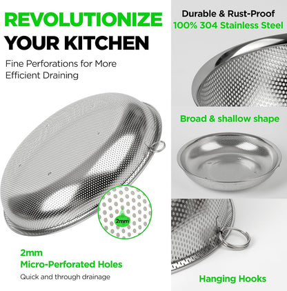 Shallow Stainless Steel Colander Set of 3, 2/3/4 Qt, Berry Tray