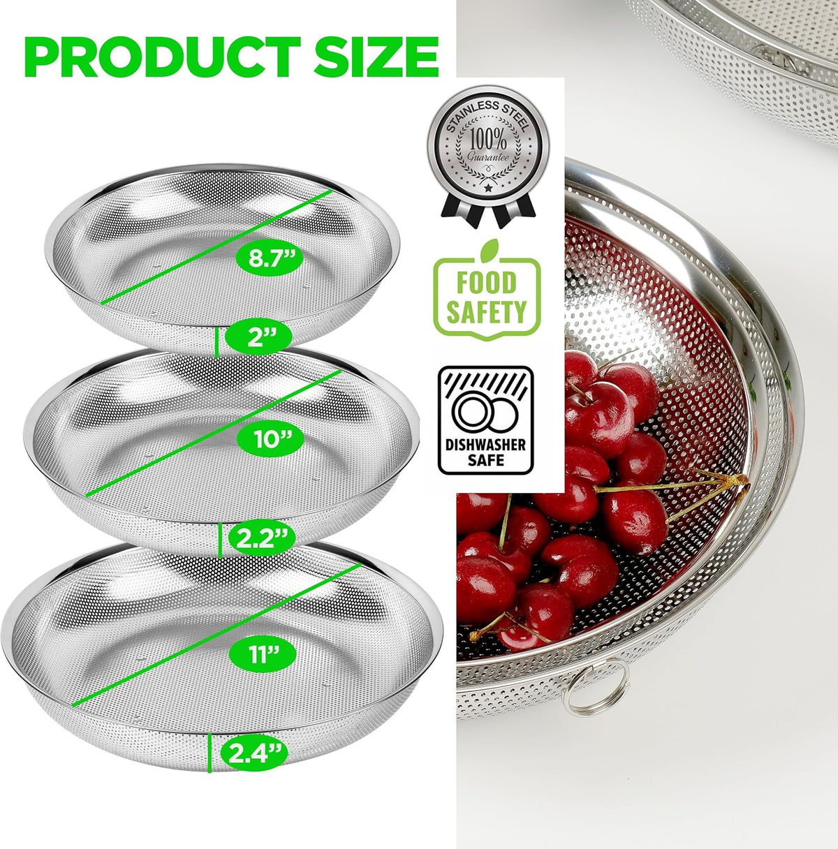 Shallow Stainless Steel Colander Set of 3, 2/3/4 Qt, Berry Tray