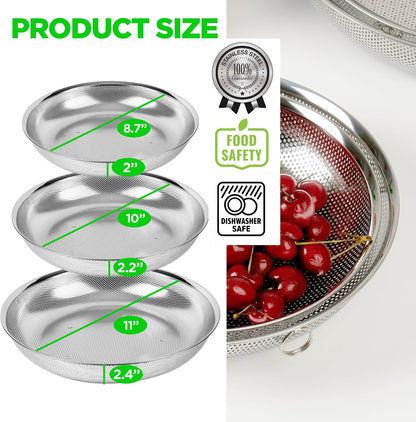 Shallow Stainless Steel Colander Set of 3, 2/3/4 Qt, Berry Tray