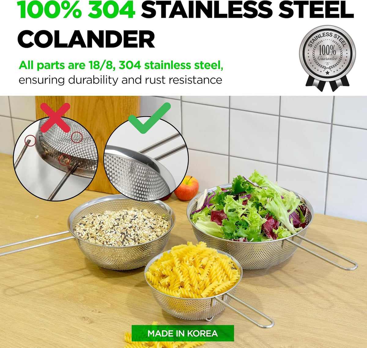 Shallow Stainless Steel Colander Set of 3, 2/3/4 Qt, Berry Tray