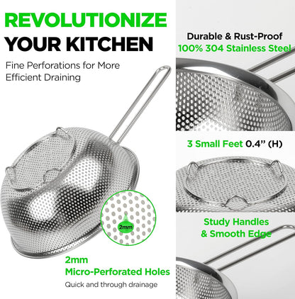 Shallow Stainless Steel Colander Set of 3, 2/3/4 Qt, Berry Tray