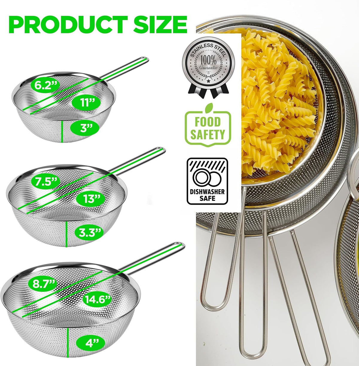 Shallow Stainless Steel Colander Set of 3, 2/3/4 Qt, Berry Tray