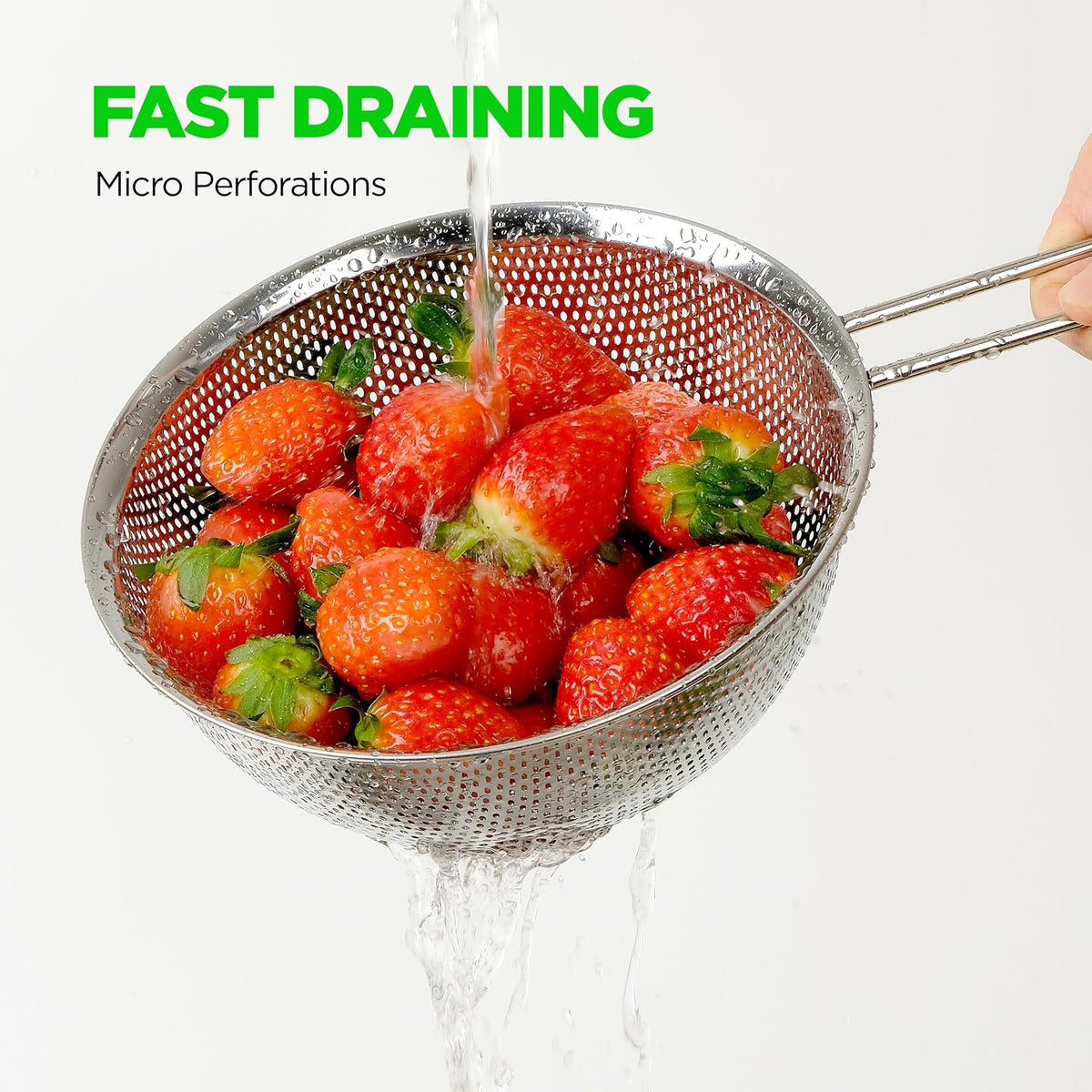 Shallow Stainless Steel Colander Set of 3, 2/3/4 Qt, Berry Tray