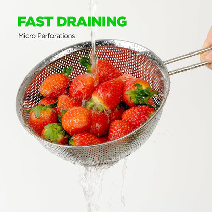 Shallow Stainless Steel Colander Set of 3, 2/3/4 Qt, Berry Tray