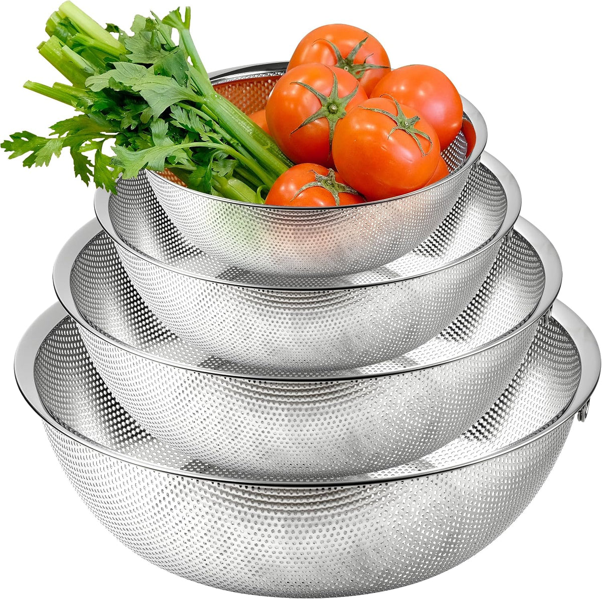 Shallow Stainless Steel Colander Set of 3, 2/3/4 Qt, Berry Tray