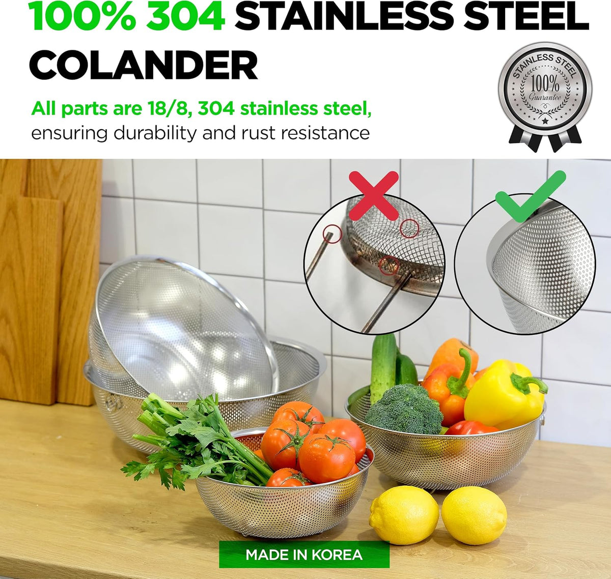 Shallow Stainless Steel Colander Set of 3, 2/3/4 Qt, Berry Tray