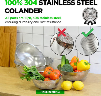 Shallow Stainless Steel Colander Set of 3, 2/3/4 Qt, Berry Tray