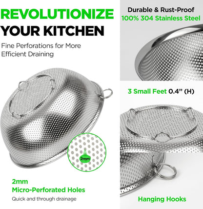 Shallow Stainless Steel Colander Set of 3, 2/3/4 Qt, Berry Tray