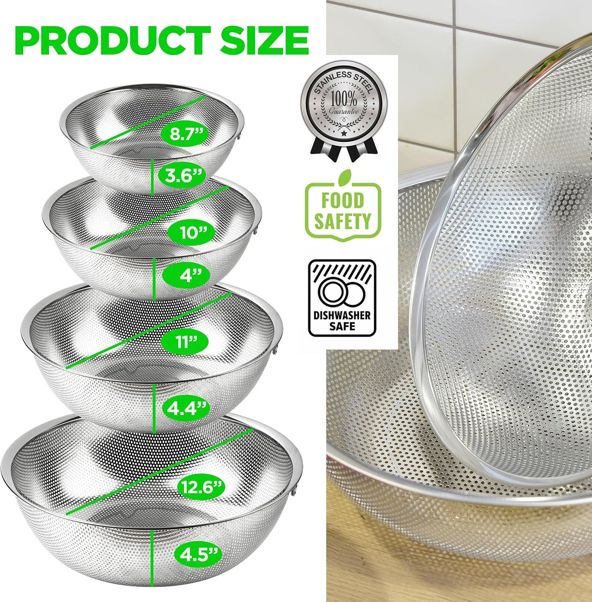 Shallow Stainless Steel Colander Set of 3, 2/3/4 Qt, Berry Tray