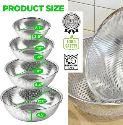Shallow Stainless Steel Colander Set of 3, 2/3/4 Qt, Berry Tray