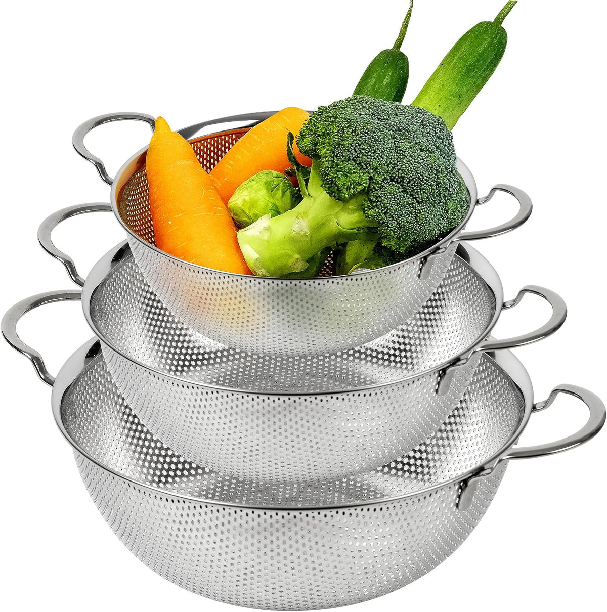 Shallow Stainless Steel Colander Set of 3, 2/3/4 Qt, Berry Tray