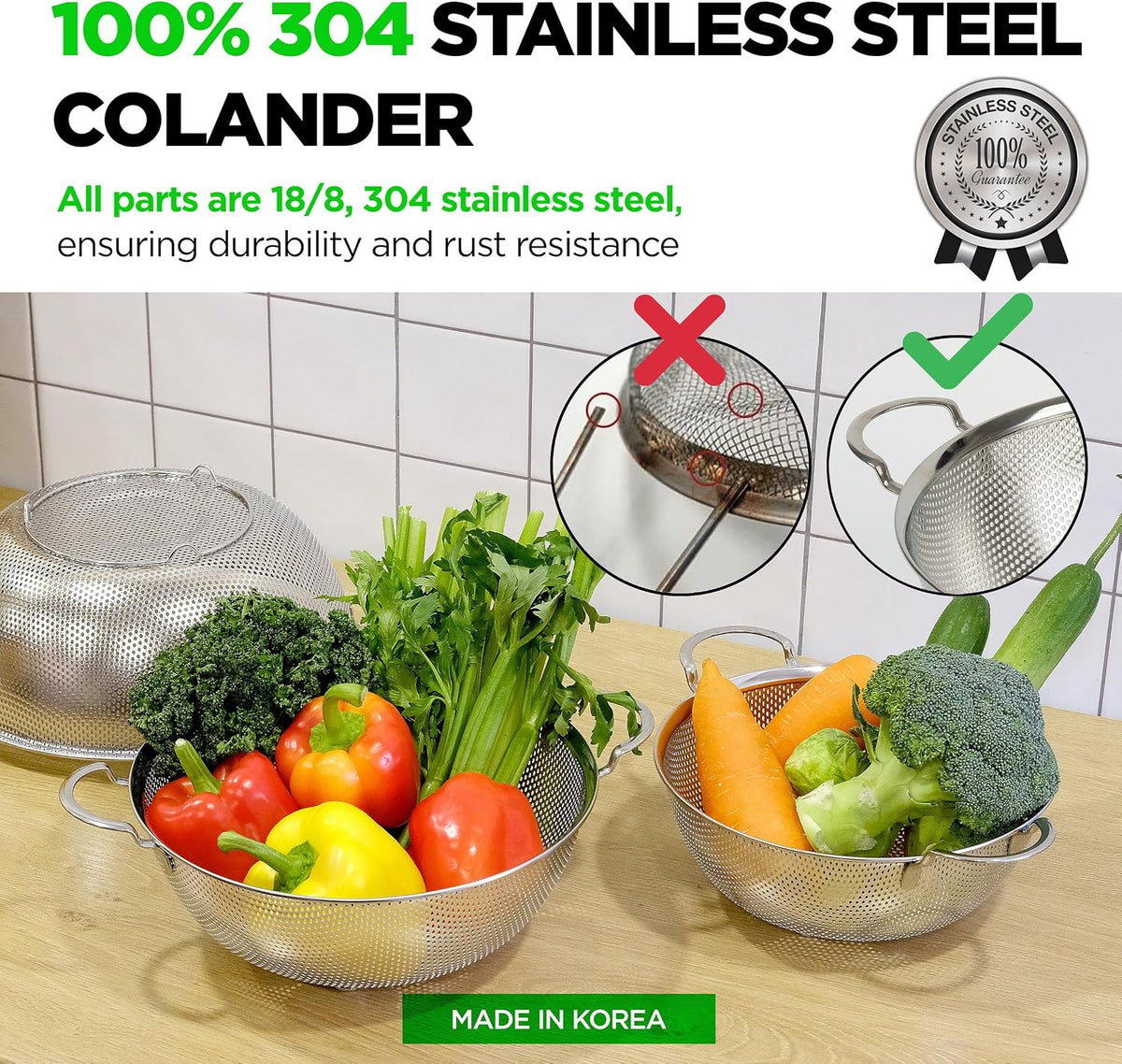 Shallow Stainless Steel Colander Set of 3, 2/3/4 Qt, Berry Tray