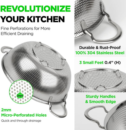 Shallow Stainless Steel Colander Set of 3, 2/3/4 Qt, Berry Tray