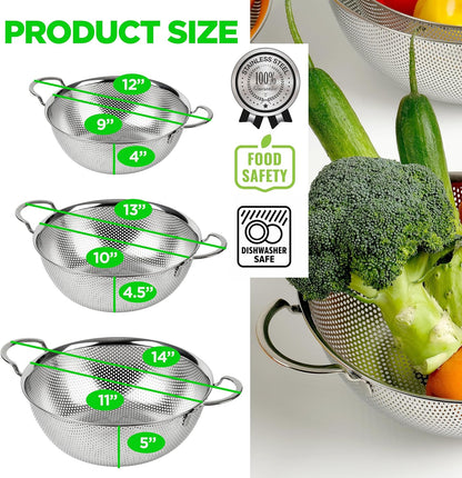 Shallow Stainless Steel Colander Set of 3, 2/3/4 Qt, Berry Tray