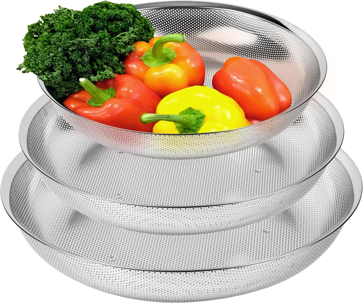 Shallow Stainless Steel Colander Set of 3, 2/3/4 Qt, Berry Tray