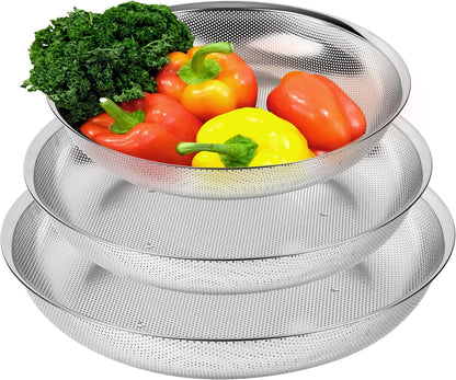 Shallow Stainless Steel Colander Set of 3, 2/3/4 Qt, Berry Tray
